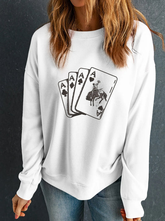 Ace Card Cowboy Graphic Long Sleeve Sweatshirt - Velora Luxury Fashion