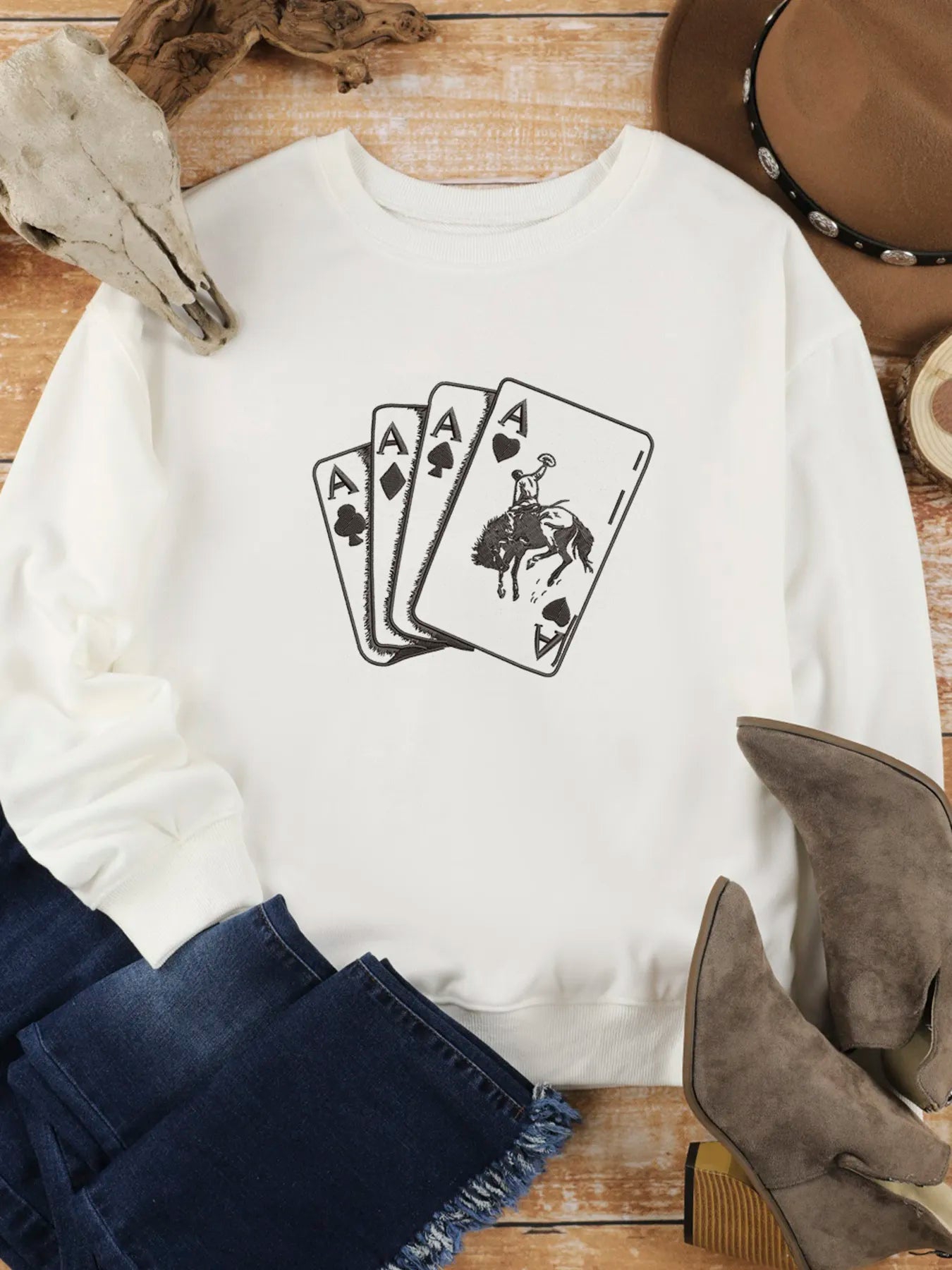 Ace Card Cowboy Graphic Long Sleeve Sweatshirt - Velora Luxury Fashion