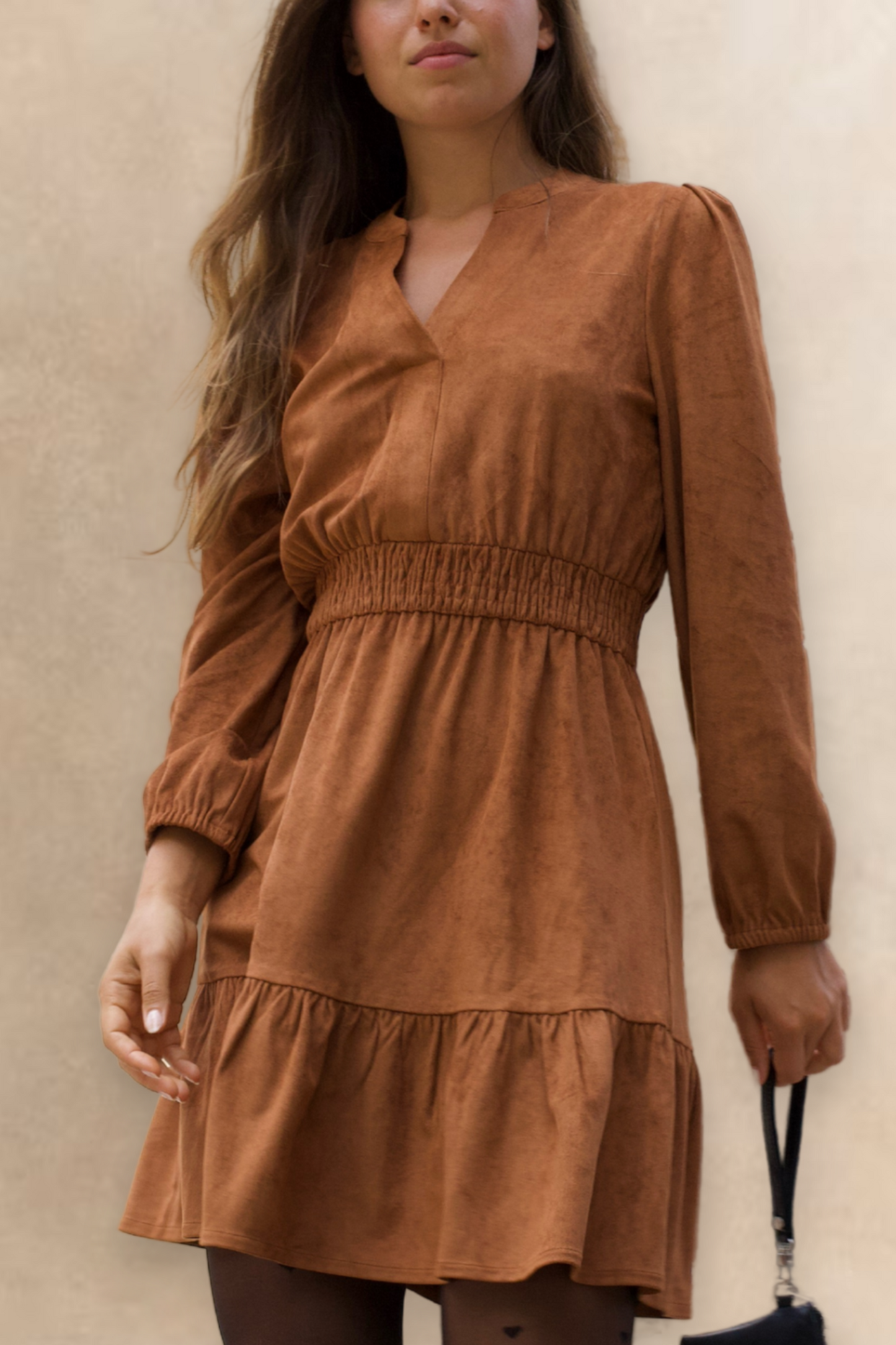 Adrienne Faux Suede Short Dress Long Sleeves - Velora Luxury Fashion