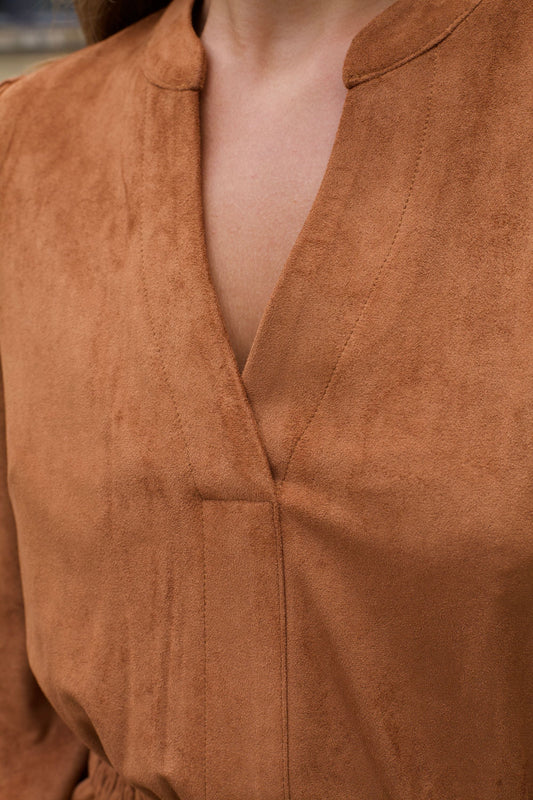 Adrienne Faux Suede Short Dress Long Sleeves - Velora Luxury Fashion