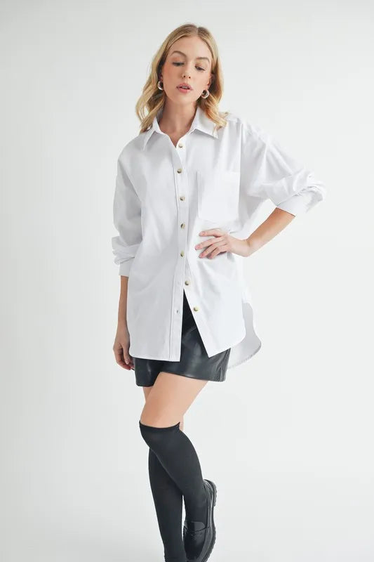 Aemi + Co High-Low Collared Neck Drop Shoulder Shirt - Velora Luxury Fashion