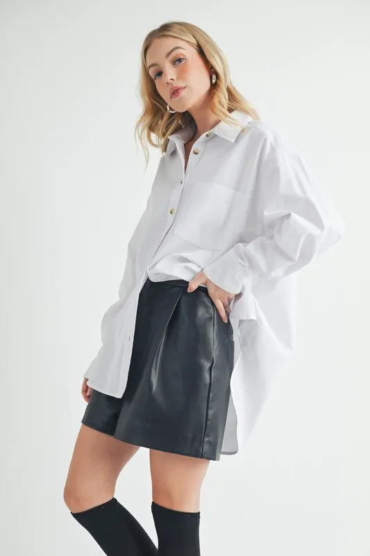 Aemi + Co High-Low Collared Neck Drop Shoulder Shirt - Velora Luxury Fashion