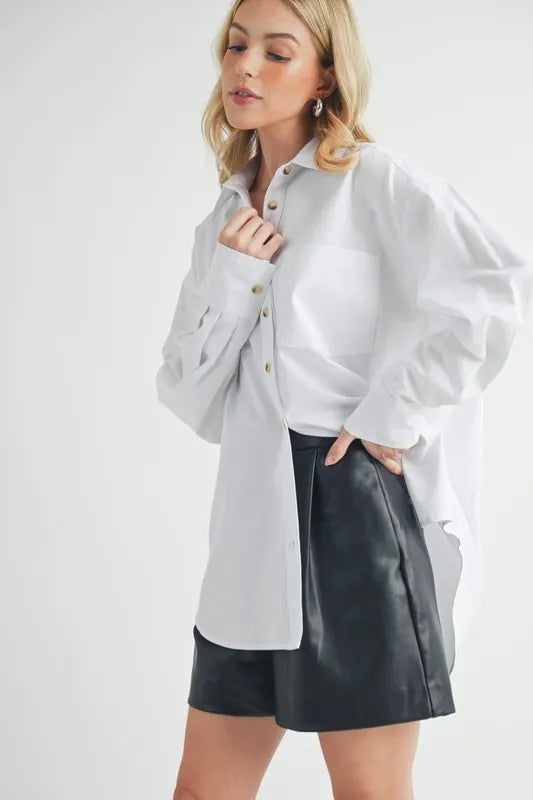 Aemi + Co High-Low Collared Neck Drop Shoulder Shirt - Velora Luxury Fashion
