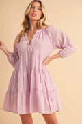 Aemi + Co Notched Balloon Sleeve Tiered Mini Dress - Velora Luxury Fashion