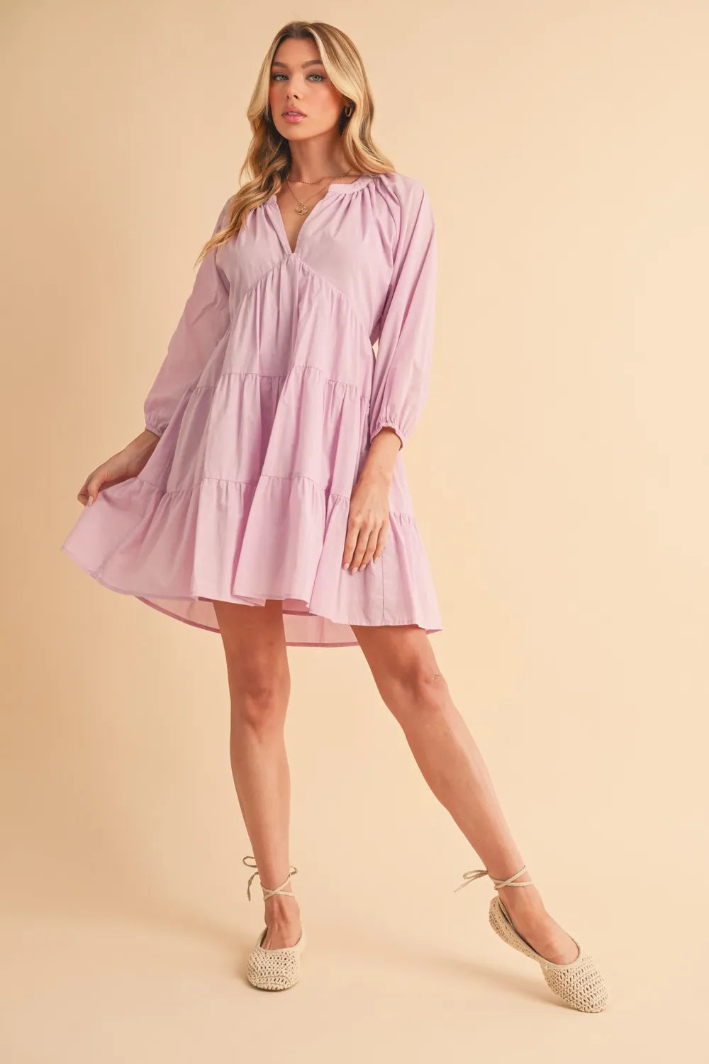 Aemi + Co Notched Balloon Sleeve Tiered Mini Dress - Velora Luxury Fashion