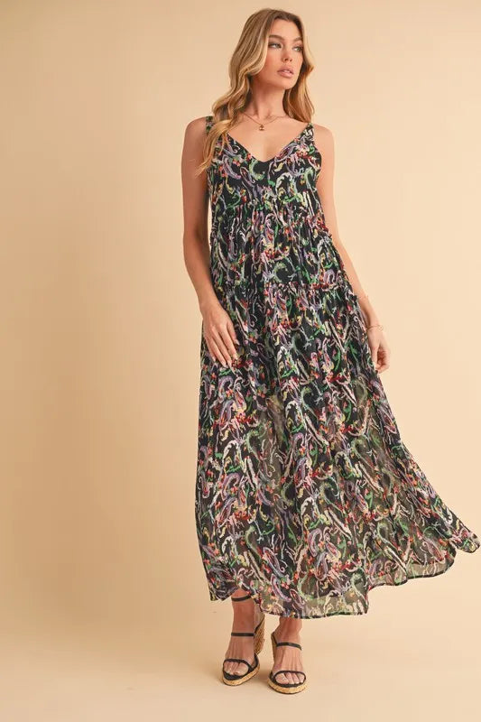 Aemi + Co Printed V-Neck Frill Tiered Cami Dress - Velora Luxury Fashion