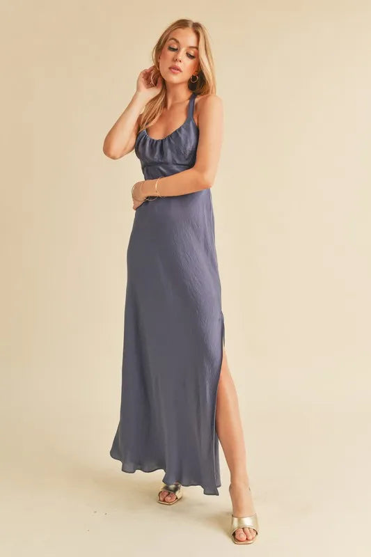Aemi + Co Ruched Side Slit Cutout Back Maxi Cami Dress - Velora Luxury Fashion