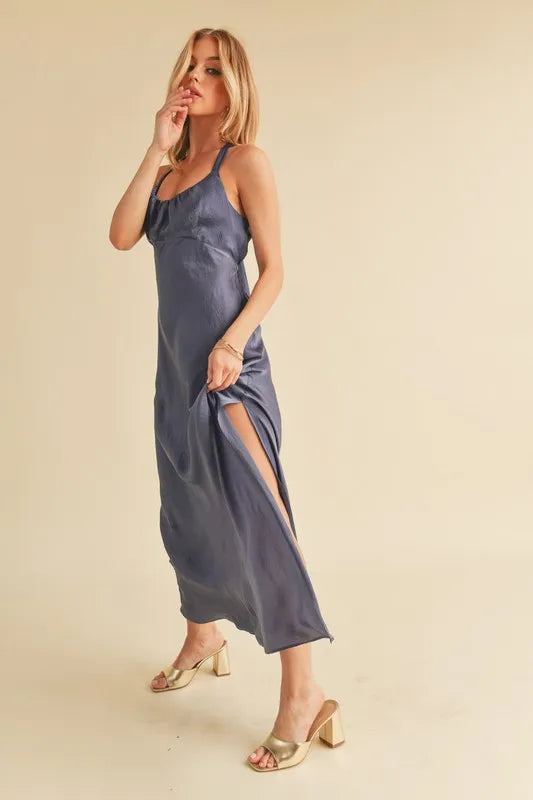 Aemi + Co Ruched Side Slit Cutout Back Maxi Cami Dress - Velora Luxury Fashion