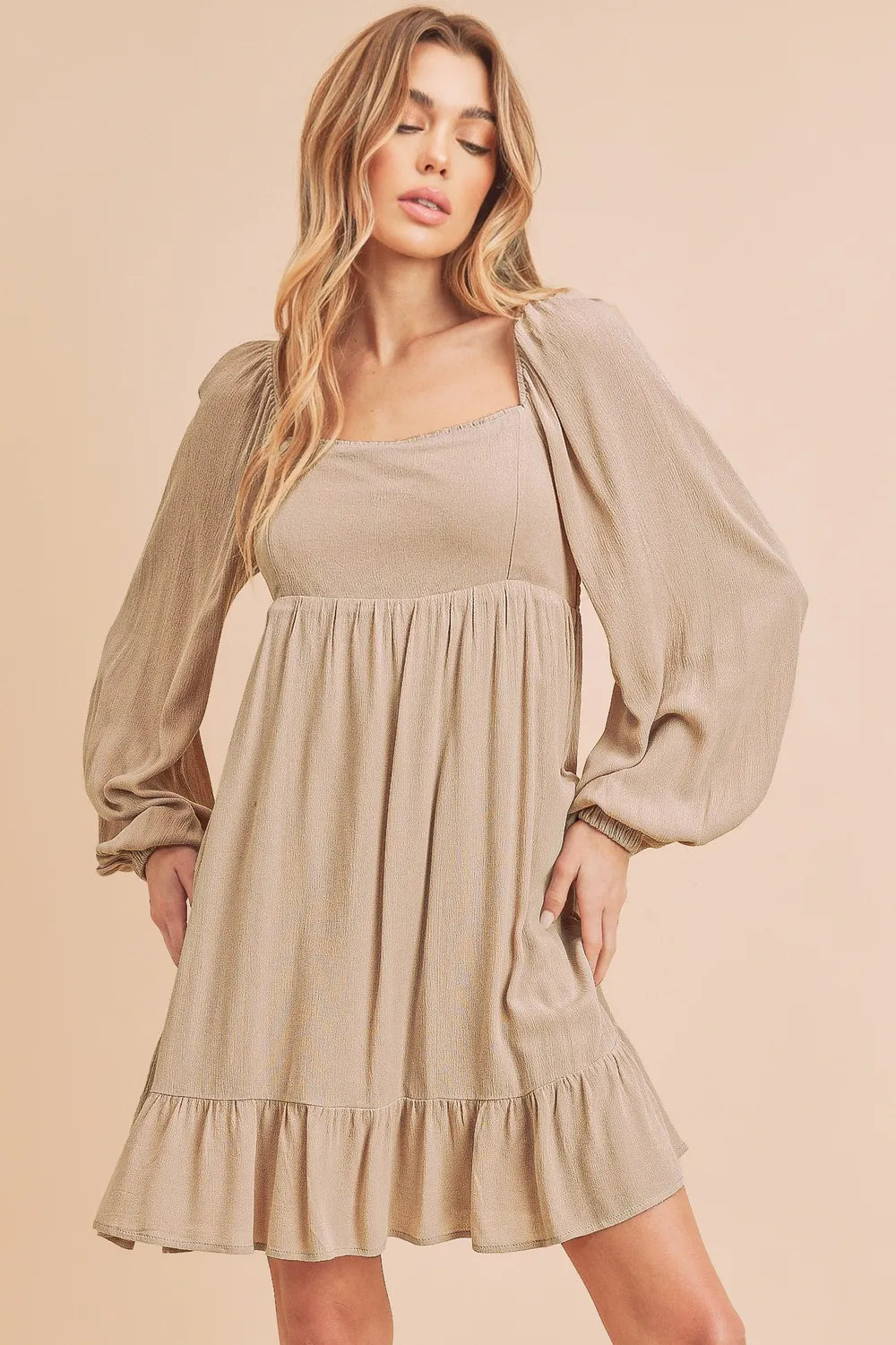 Aemi + Co Ruffled Hem Square Neck Balloon Sleeve Mini Dress - Velora Luxury Fashion