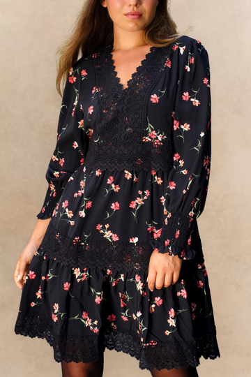Agnes Black Floral Tiered Dress - Velora Luxury Fashion