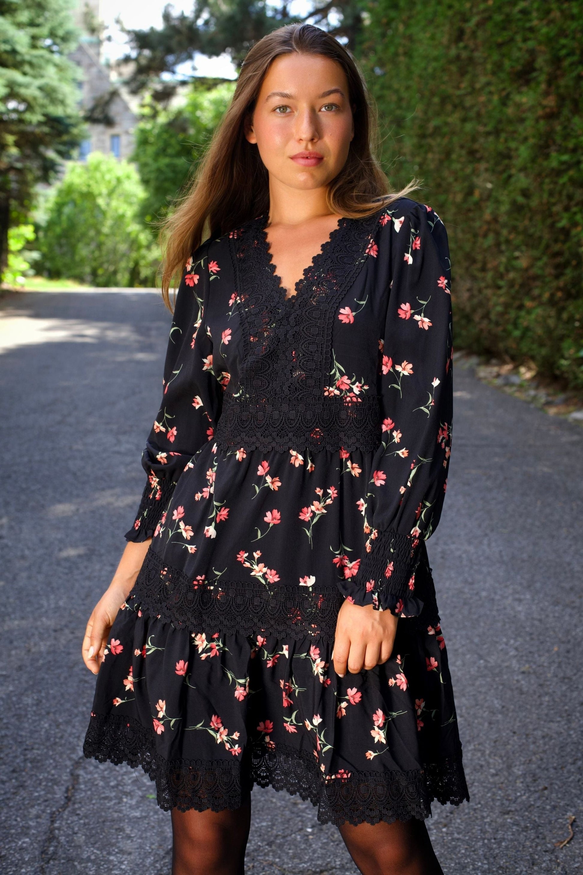 Agnes Black Floral Tiered Dress - Velora Luxury Fashion