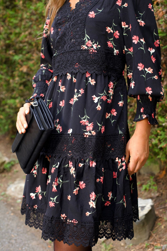 Agnes Tiered Black Mini Dress Pink Floral Print Lace Trim - Velora Luxury Fashion