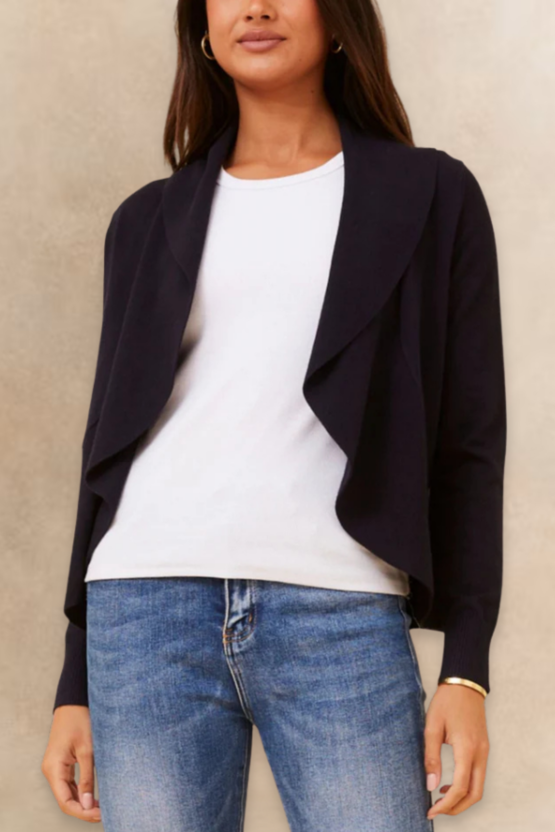 Alessia Lightweight Open-Front Black Cardigan Draped Waterfall Fit - Velora Luxury Fashion