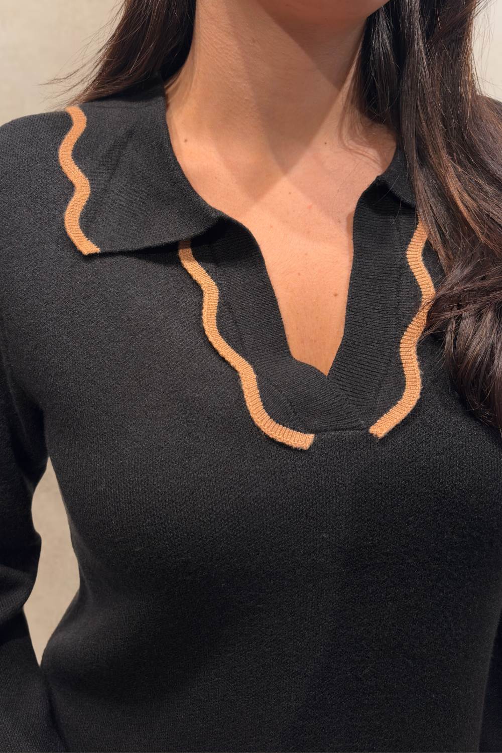 Alice Black Knit Dress Polo Shirt Collar Piping Neckline Relaxed Fit - Velora Luxury Fashion