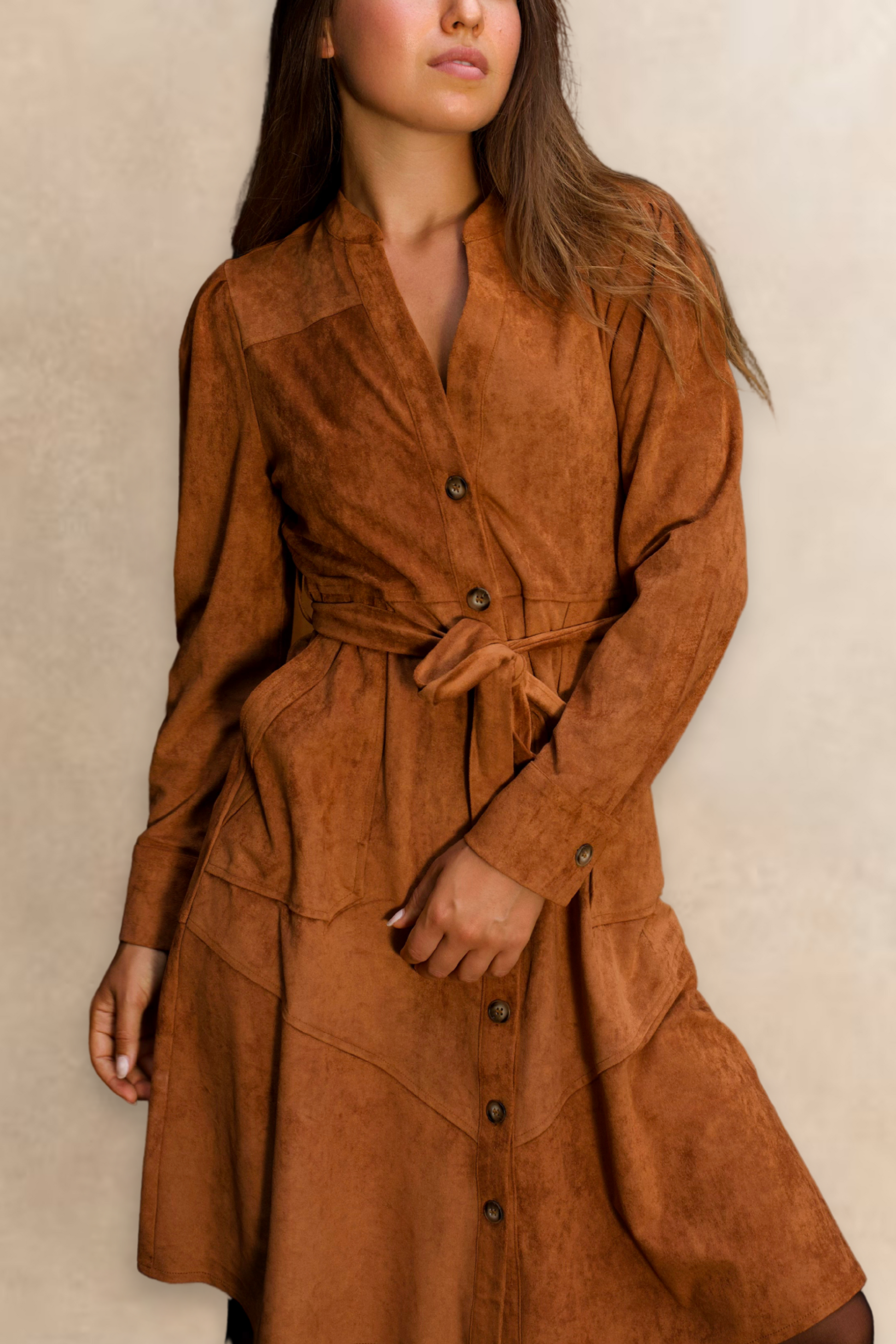Anastasia Faux Suede Women's Shirt Dress Buttons Belted - Velora Luxury Fashion