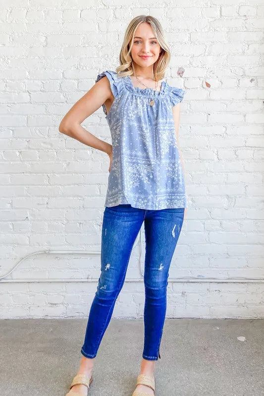 And The Why Boho Print Rayon Linen Ruffle Baby Doll Tank Top - Velora Luxury Fashion