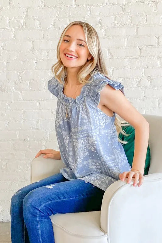 And The Why Boho Print Rayon Linen Ruffle Baby Doll Tank Top - Velora Luxury Fashion