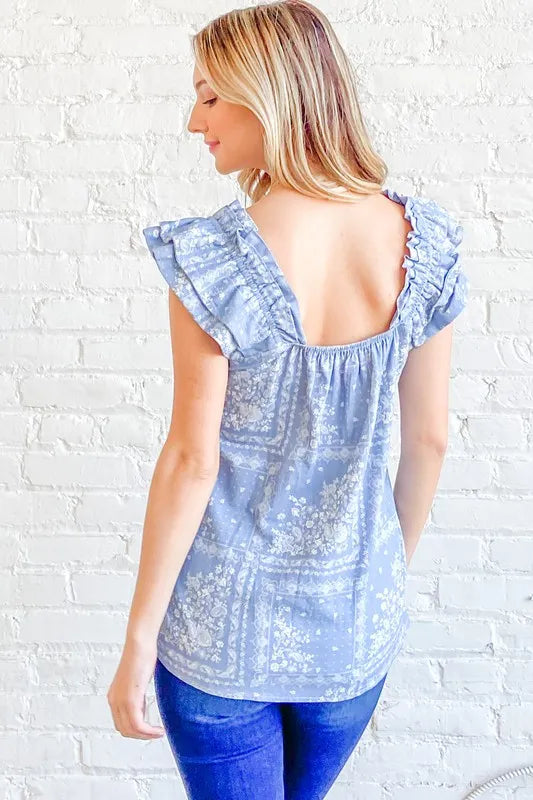 And The Why Boho Print Rayon Linen Ruffle Baby Doll Tank Top - Velora Luxury Fashion
