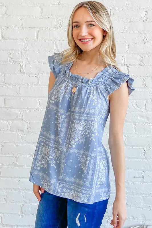 And The Why Boho Print Rayon Linen Ruffle Baby Doll Tank Top - Velora Luxury Fashion