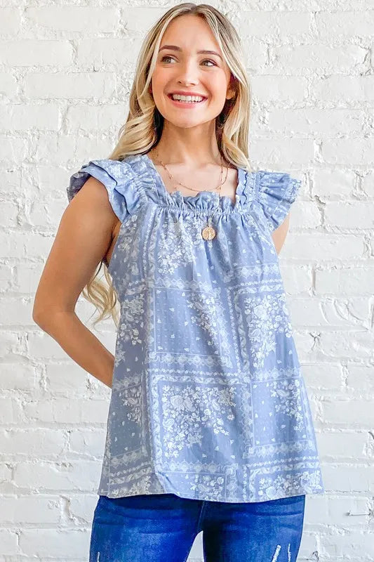 And The Why Boho Print Rayon Linen Ruffle Baby Doll Tank Top - Velora Luxury Fashion