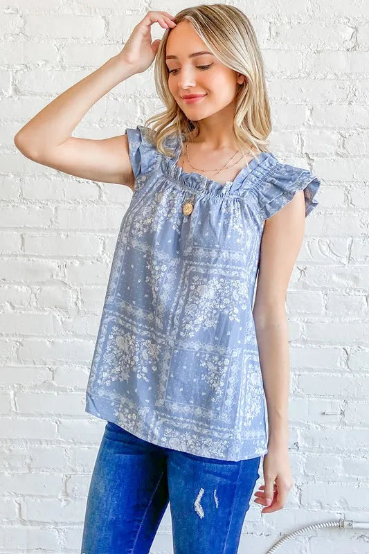 And The Why Boho Print Rayon Linen Ruffle Baby Doll Tank Top - Velora Luxury Fashion