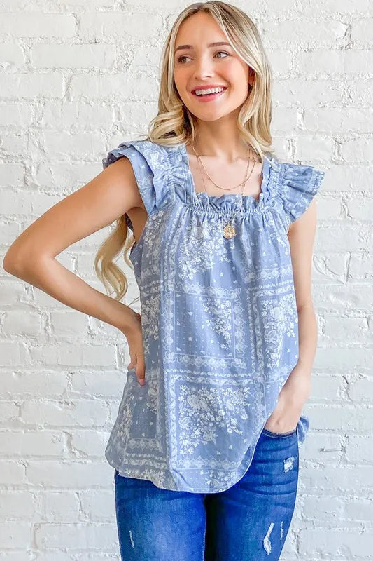 And The Why Boho Print Rayon Linen Ruffle Baby Doll Tank Top - Velora Luxury Fashion