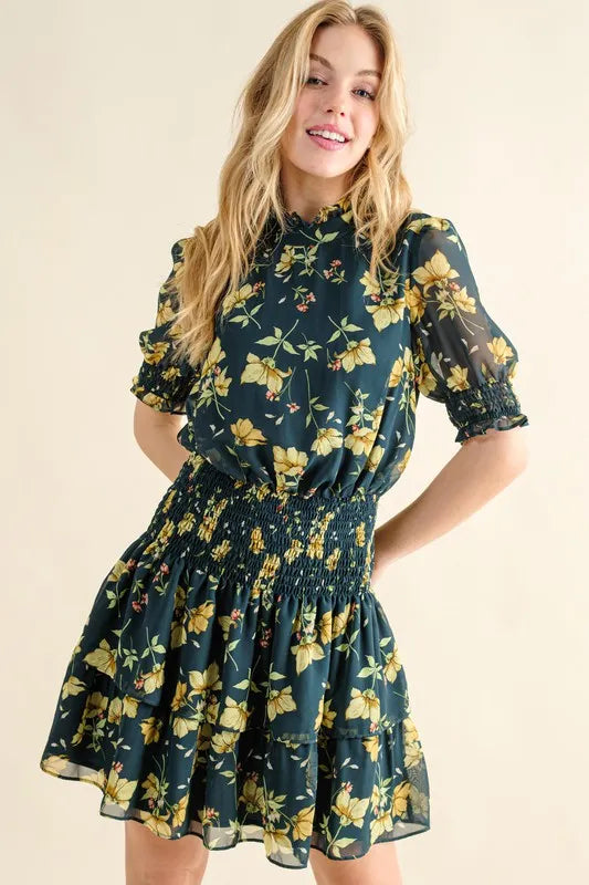 And The Why Floral Print Smocked Waist Mini Dress - Velora Luxury Fashion