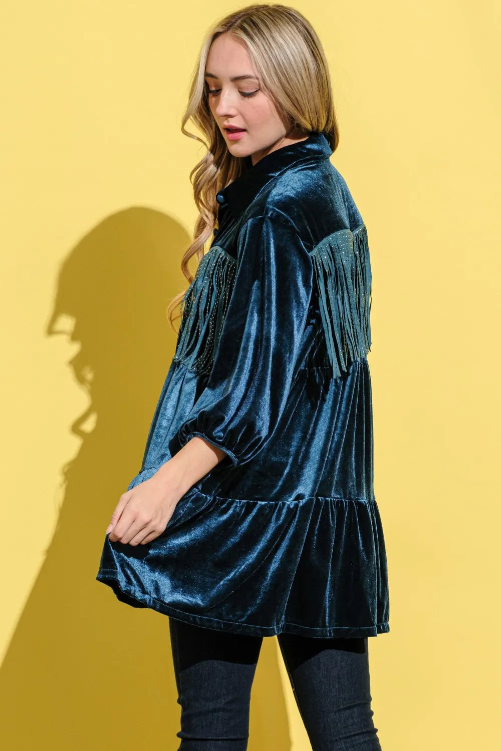 And The Why Fringe Detailed Velvet Shirt Dress - Velora Luxury Fashion