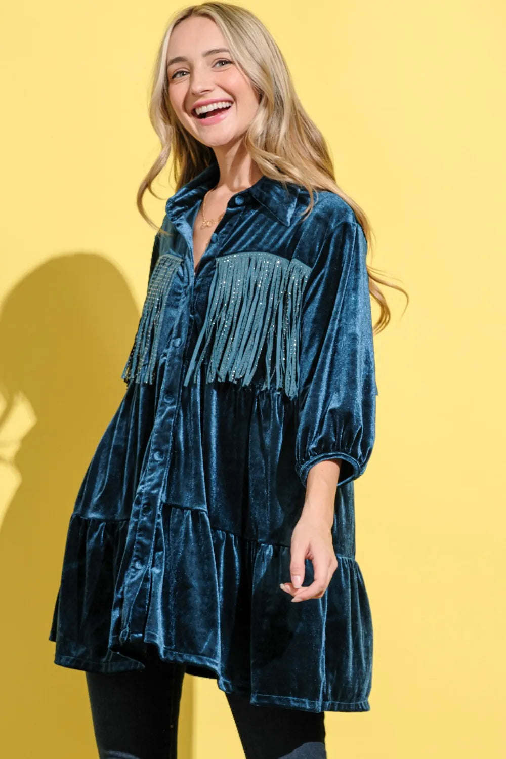 And The Why Fringe Detailed Velvet Shirt Dress - Velora Luxury Fashion