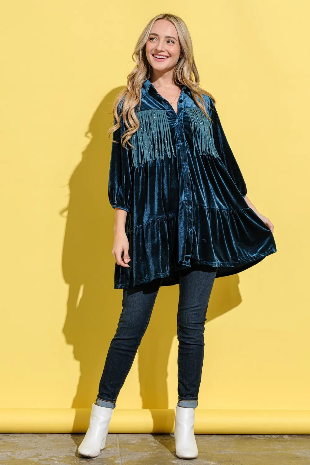 And The Why Fringe Detailed Velvet Shirt Dress - Velora Luxury Fashion