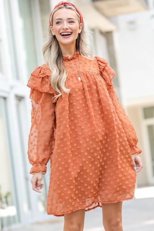 And The Why Lovely Ruffle Shoulder with Textured Woven Dress - Velora Luxury Fashion