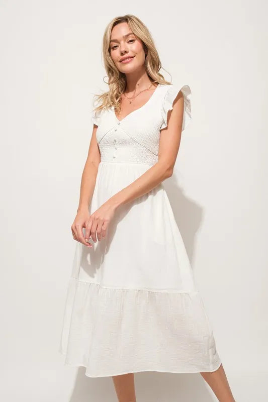 And The Why Ruffle Sleeve Front Smocked Tiered Midi Dress - Velora Luxury Fashion