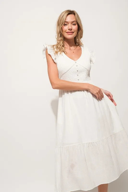 And The Why Ruffle Sleeve Front Smocked Tiered Midi Dress - Velora Luxury Fashion