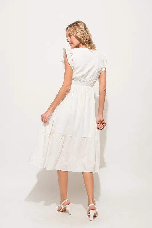 And The Why Ruffle Sleeve Front Smocked Tiered Midi Dress - Velora Luxury Fashion