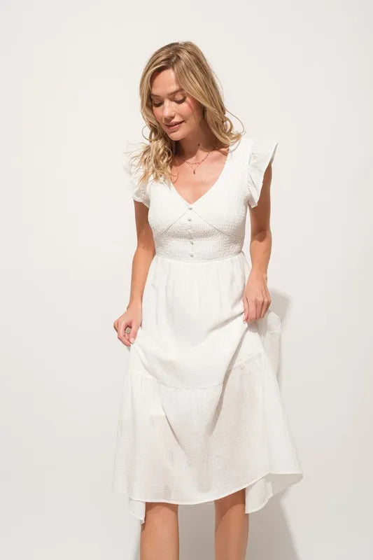 And The Why Ruffle Sleeve Front Smocked Tiered Midi Dress - Velora Luxury Fashion