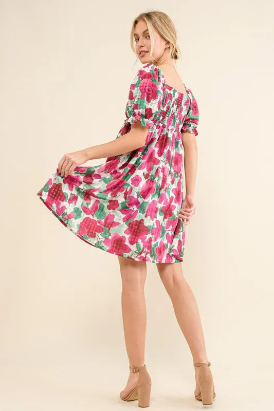 And The Why Smocked Floral Ruffle Short Sleeve Mini Dress - Velora Luxury Fashion