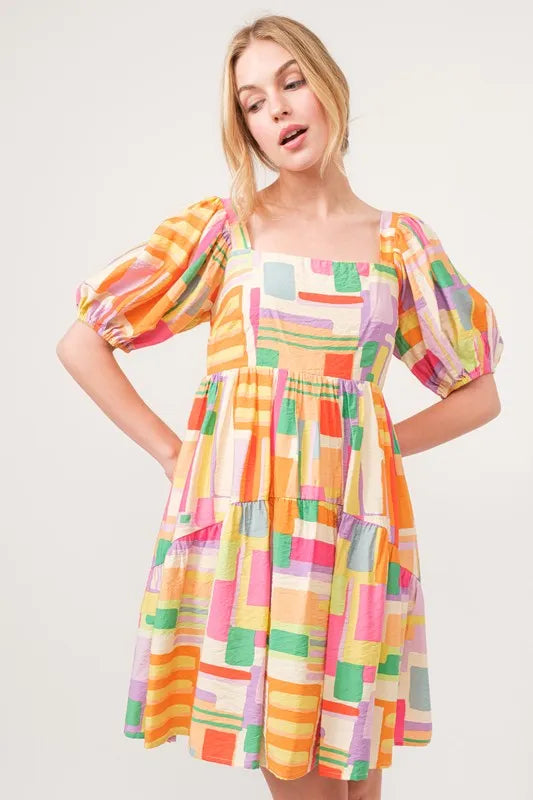 And The Why Square Neck Puff Sleeve Geo Printed Mini Dress - Velora Luxury Fashion