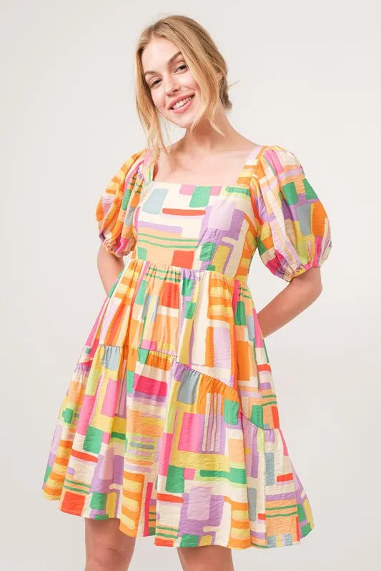 And The Why Square Neck Puff Sleeve Geo Printed Mini Dress - Velora Luxury Fashion