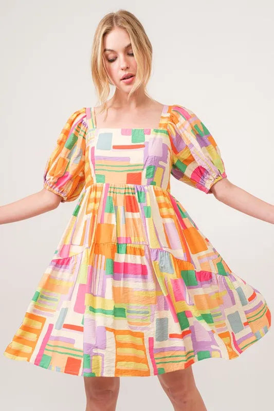 And The Why Square Neck Puff Sleeve Geo Printed Mini Dress - Velora Luxury Fashion