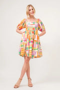 And The Why Square Neck Puff Sleeve Geo Printed Mini Dress - Velora Luxury Fashion
