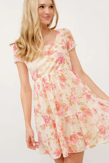 And The Why Square Neck Tiered Floral Fishnet Dress - Velora Luxury Fashion