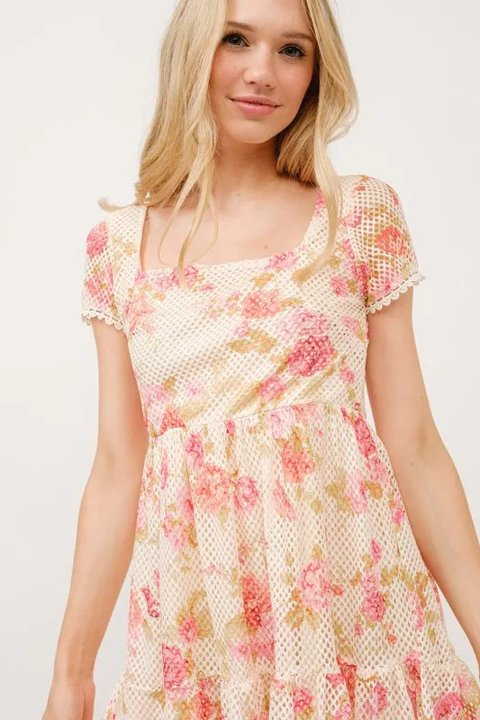 And The Why Square Neck Tiered Floral Fishnet Dress - Velora Luxury Fashion
