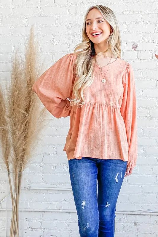 And The Why Textured V Neck Blouse Top - Velora Luxury Fashion