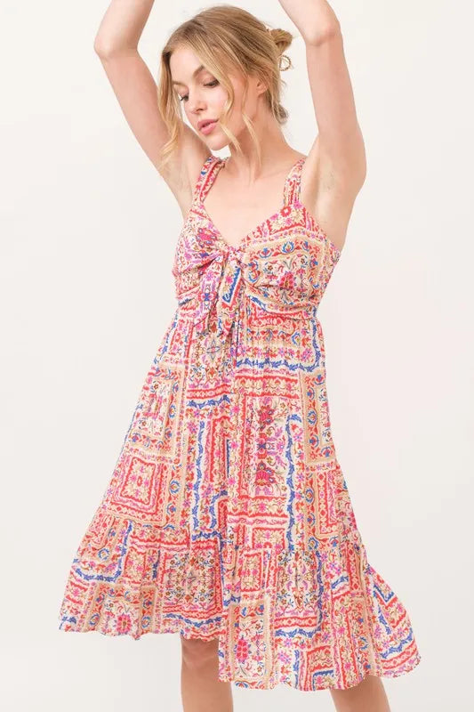 And The Why Tied Front Smocked Back Tiered Boho Printed Dress - Velora Luxury Fashion