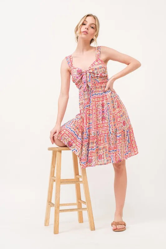 And The Why Tied Front Smocked Back Tiered Boho Printed Dress - Velora Luxury Fashion