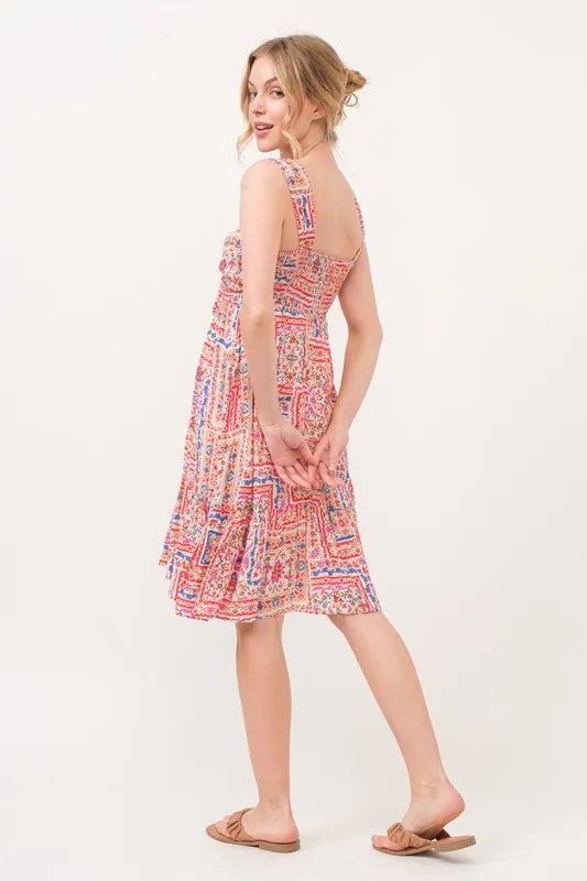 And The Why Tied Front Smocked Back Tiered Boho Printed Dress - Velora Luxury Fashion