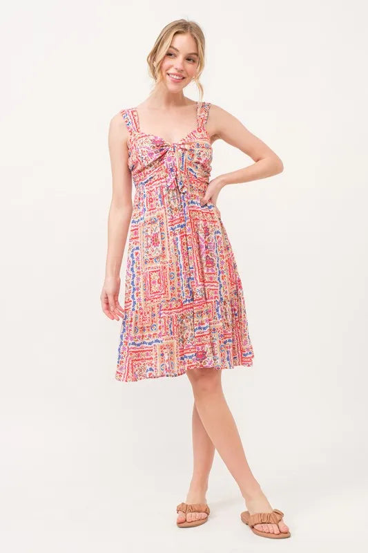 And The Why Tied Front Smocked Back Tiered Boho Printed Dress - Velora Luxury Fashion