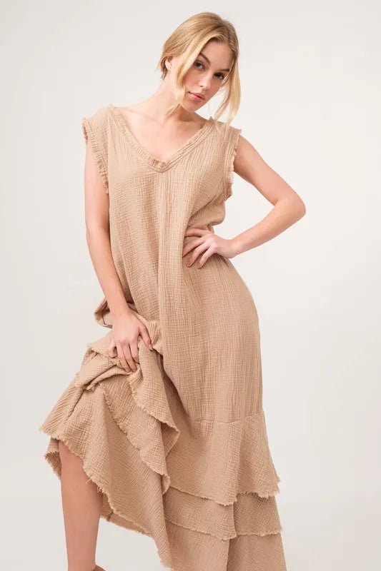 And The Why Washed Cotton Gauze Fringe Detail Tiered Dress - Velora Luxury Fashion