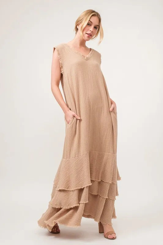 And The Why Washed Cotton Gauze Fringe Detail Tiered Dress - Velora Luxury Fashion