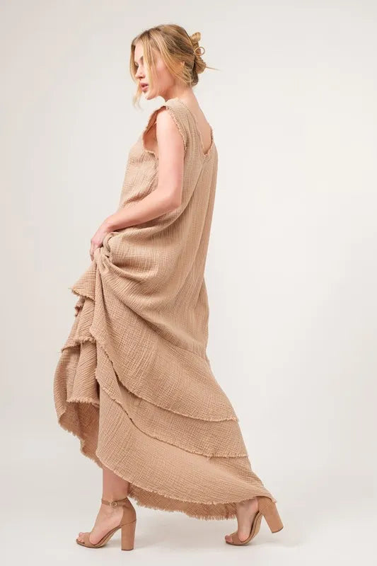 And The Why Washed Cotton Gauze Fringe Detail Tiered Dress - Velora Luxury Fashion